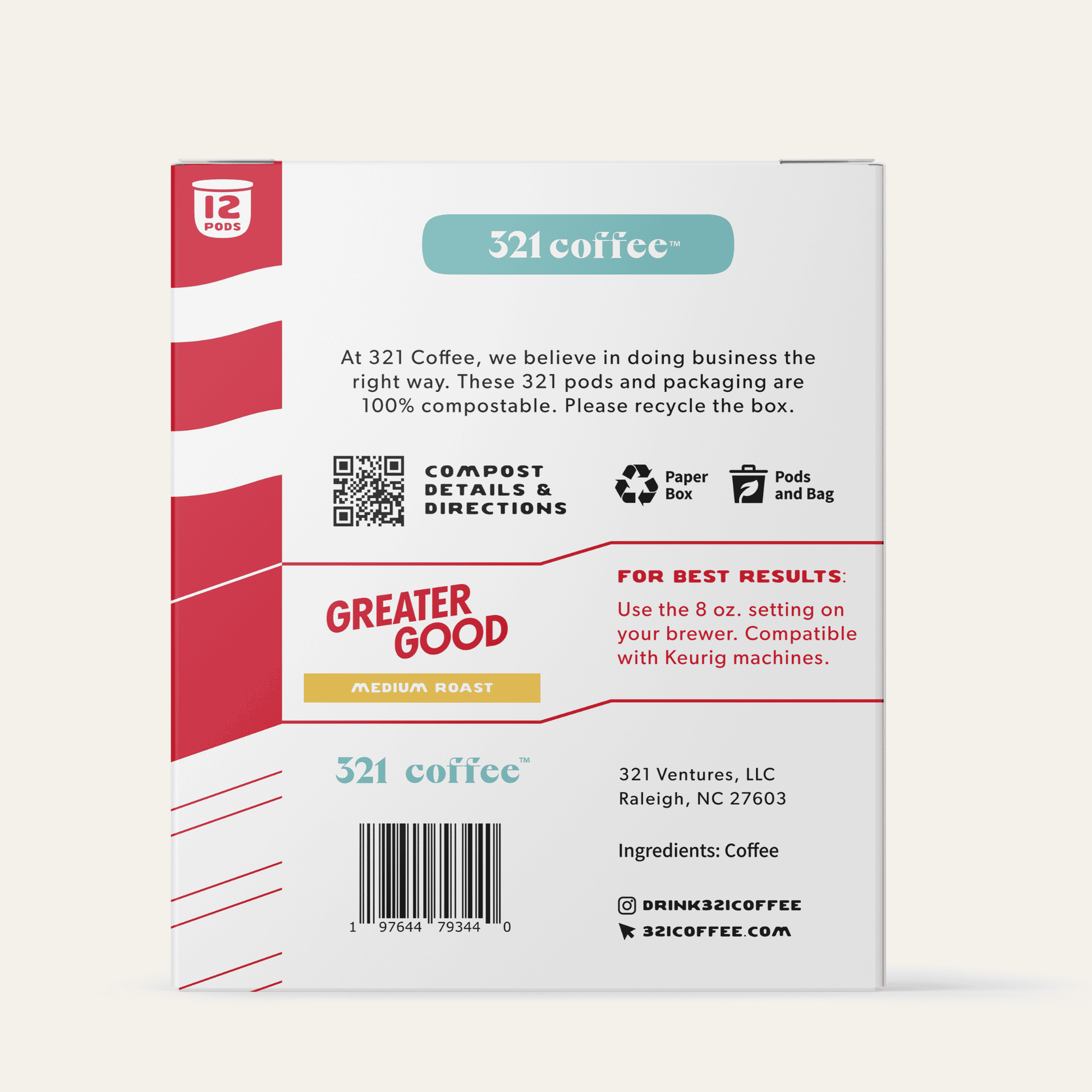 The back view of 321 Coffee's Greater Good coffee pods. The back of the box contains information about the coffee pods being compostable.