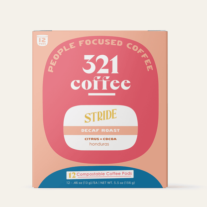 The front view of 321 Coffee's Stride coffee pods. The front of the box contains information about the coffee.