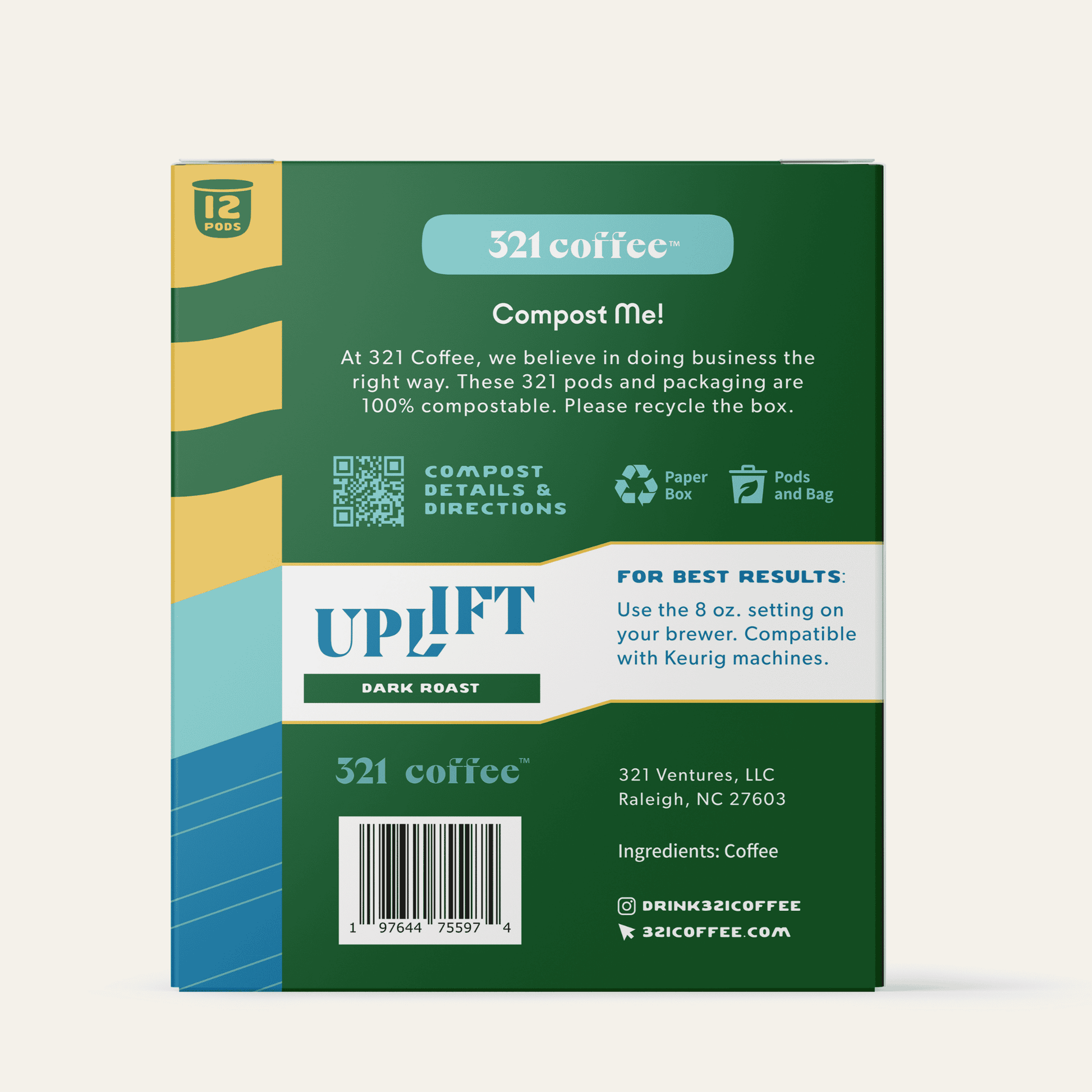 The back view of 321 Coffee's Uplift coffee pods. The back of the box contains information about the coffee pods being compostable.
